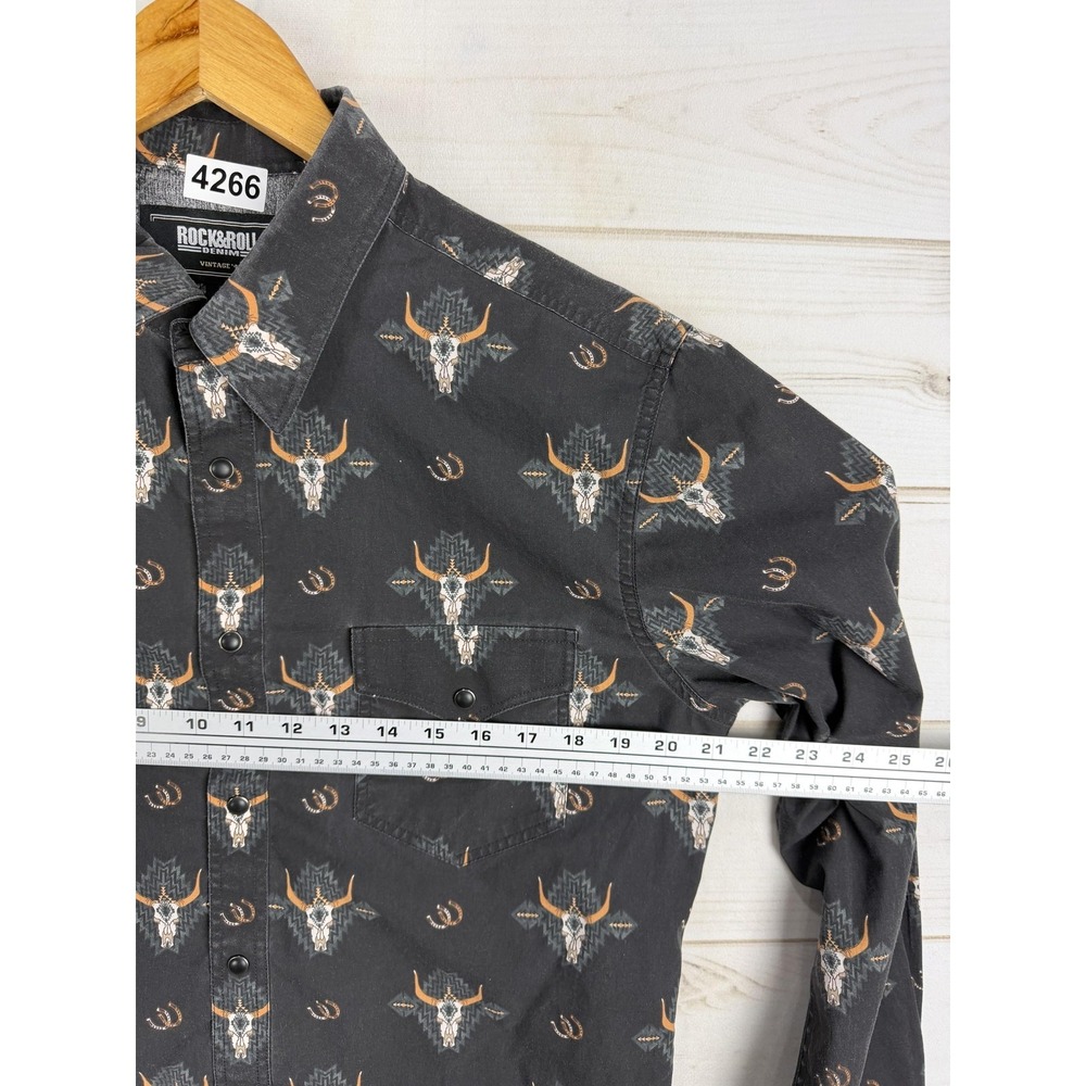 Rock & Roll Denim Shirt Mens Medium Black Longhorn Western Snap Button Up - Picture 4 of 9